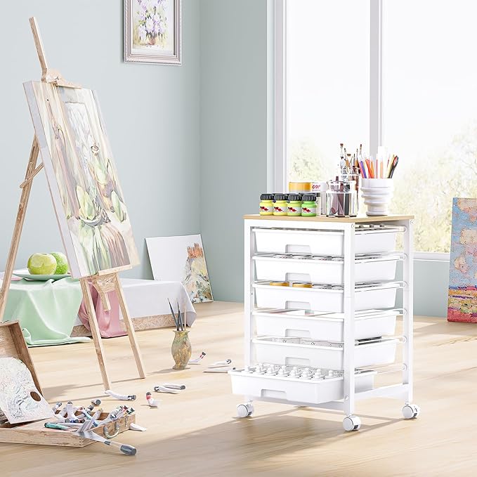 SYKIARIOL Rolling Storage Utility Cart with 6 Drawers and Wooden Tabletop for Under Desk Storage,White