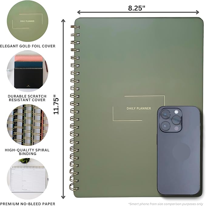 Merely Home Undated Daily Planner | 8.25” x 11.75” To Do List Notebook | Work Productivity ADHD Organizer | Men and Women Planner | College Supplies | Evergreen | Portrait Layout