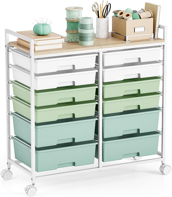 Rolling Storage Cart with 12 Drawers, Wooden Tabletop Utility Cart for Craft Storage, Art Supply Storage & Home Office Organization, Teacher Cart with Wheels for Classroom Organization, School (Green)