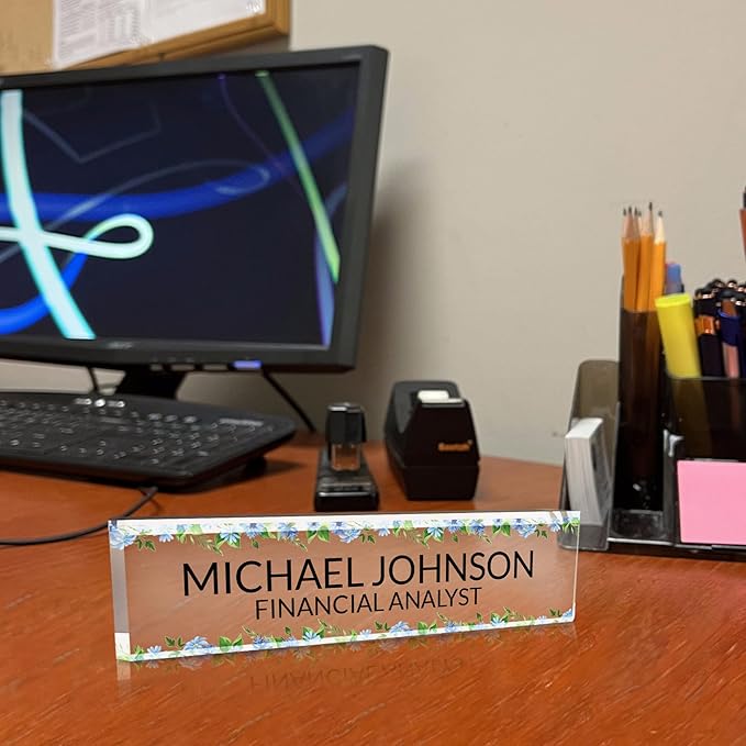 Signs ByLITA Floral Pattern Customized Nameplate | Wild Blue Personalized Full Color Acrylic Desk Sign