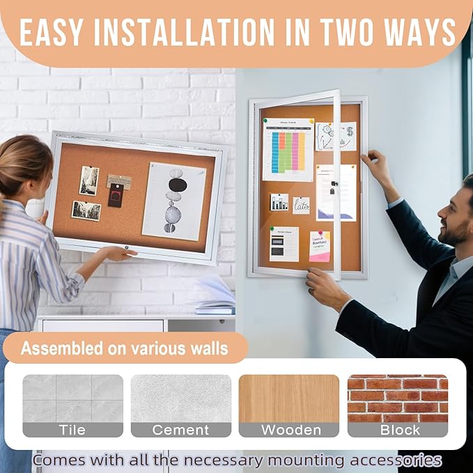 Homezelle Enclosed Cork Bulletin Board 36"x24" Outdoor Weatherproof Cork Noticeboard with Locking Door Wall-Mounted Silver Aluminium Frame for Home, School, Office, Community, Hospital
