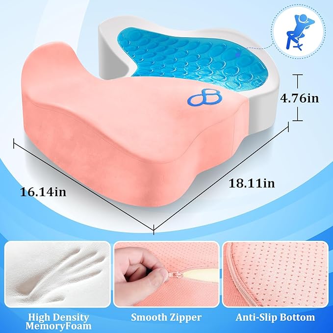 CushyOasis Seat Cushion, Chair Cushions, Office Chair Cushions, Anti-Slip Bottom & Removable Cover Tailbone Pain Relief Cushion, Memory Foam Seat Cushion for Office, Wheelchair, Car (Pink)