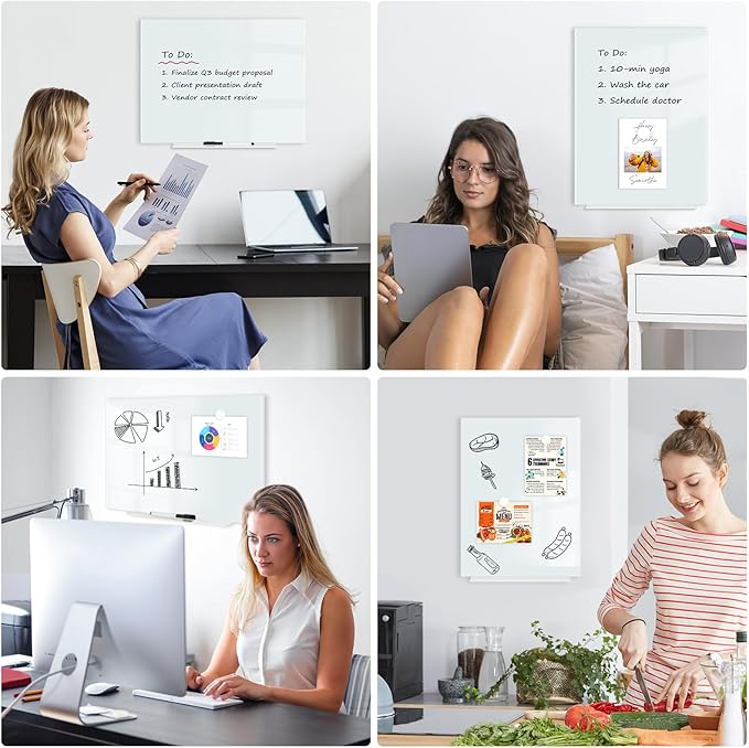 Magnetic Glass Whiteboard for Wall, 16" x 12" Glass Dry Erase Board, Large Frameless White Board for Home and Office - Normal White
