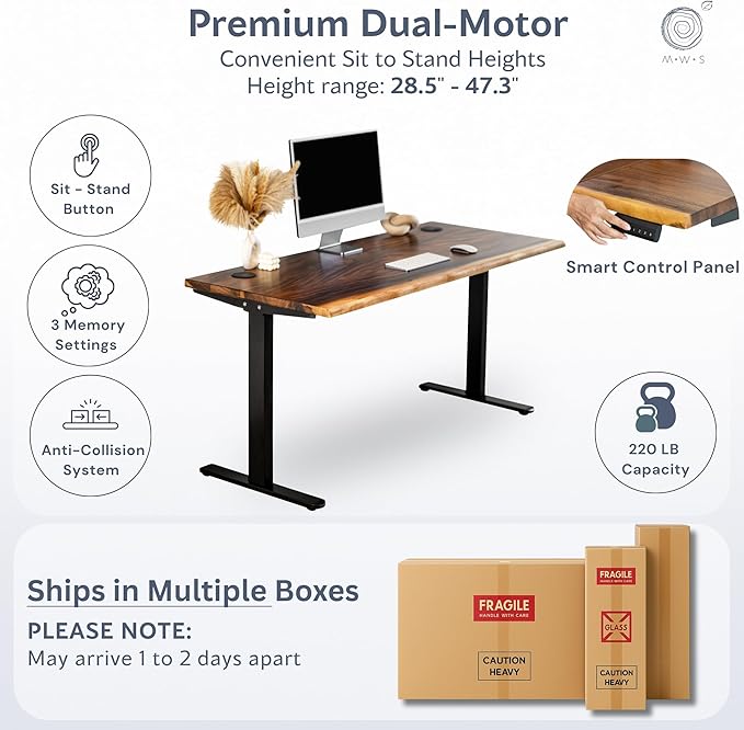Standing Desk with Monitor Stand – Walnut Solid Wood Desk, Natural Live Edge, Adjustable Height Dual Motor, Sit Stand for Home Office (Black, W60 x D27)
