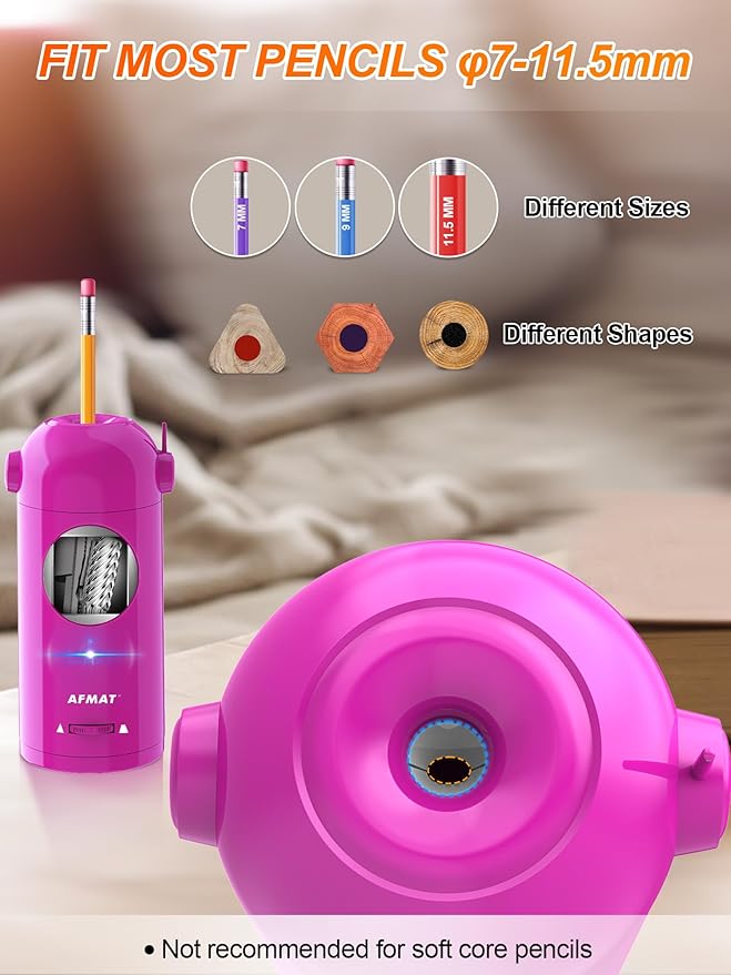 AFMAT Electric Pencil Sharpener, Fully Automatic Pencil Sharpener for Classroom, 7-11.5mm Colored/Jumbo Pencils, Auto in & Out, Rechargeable Hands-Free Sharpener for Home Office PSX5, Pink