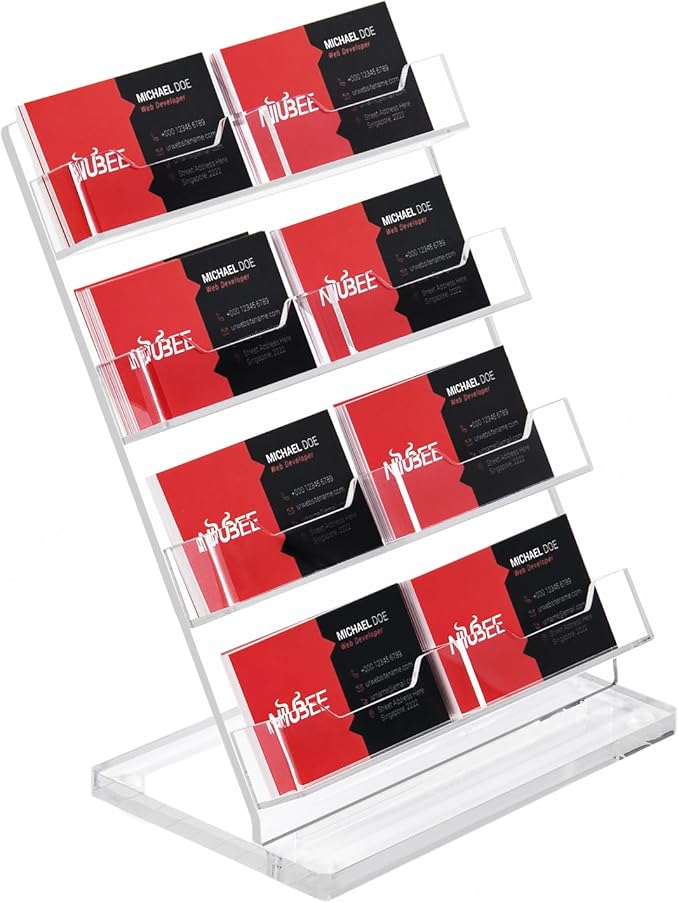 NIUBEE Acrylic Business Card Holder 8 Slots - Double Capacity Business Card Stand for Desk, 4 Tier Clear Gift Card Display for Office, Event, Exhibition