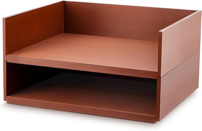 Yeaqee 2 Pcs Wooden Leather Stackable Letter Trays 13 x 10.6inch Luxurious Surface Desk Letter Tray Heavy Paper Inbox Mail Organizer for Office Document Magazine Folder Desktop Accessories(Brown)