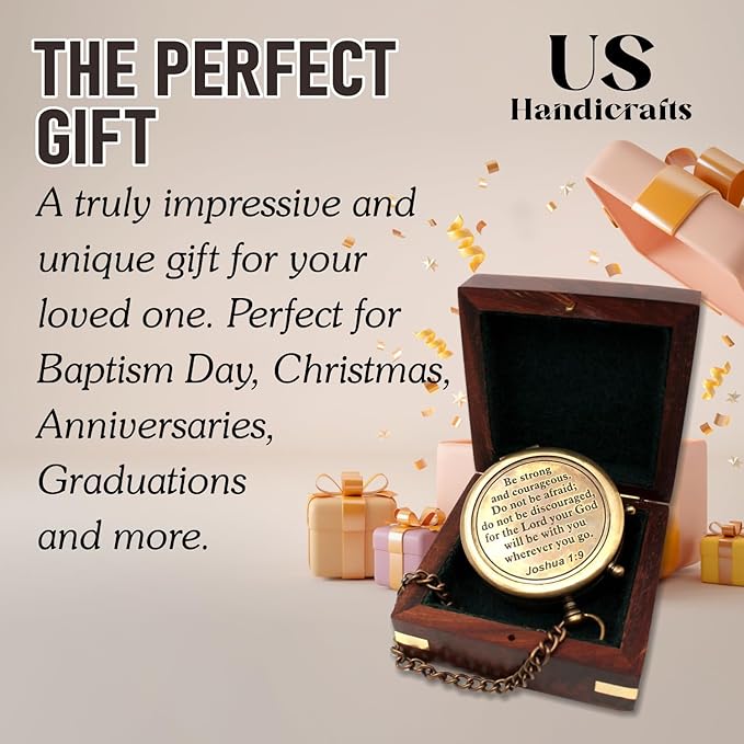 Be Strong and Courageous, Do Not Be Afraid Brass Engraved Compass with Stamped Wooden Case – Inspirational Birthday, Confirmation, and Baptism Gifts