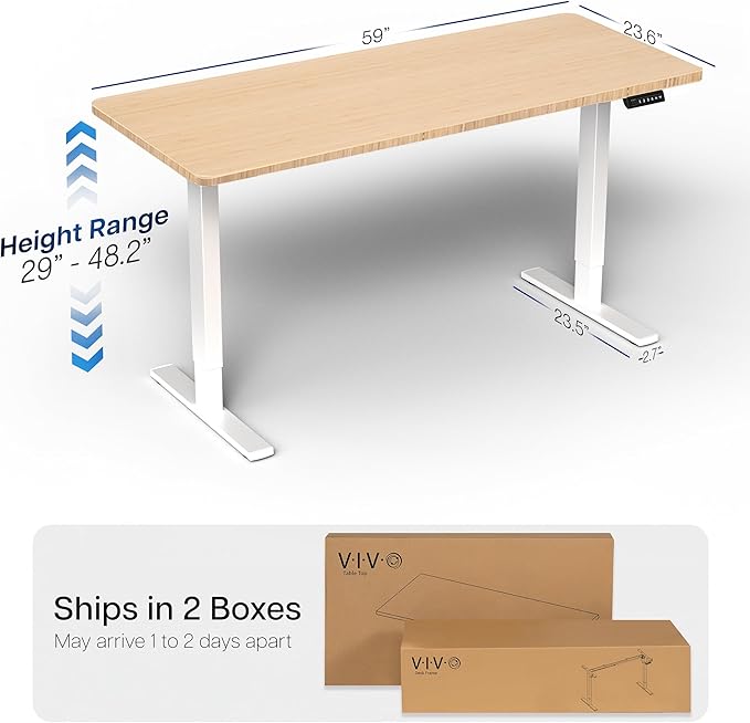 VIVO Electric 60 x 24 in Real Bamboo Standing Desk, Memory Height Adjustment, 1B Series, Holds 220 lbs, One-Piece Top, White Frame, DESK-KIT-1W6O