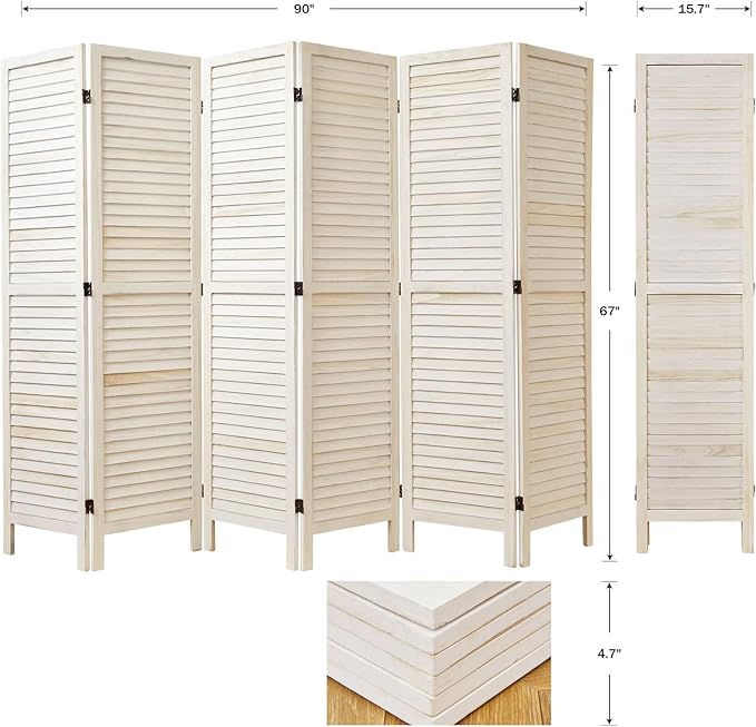 Room Dividers and Folding Privacy Screens, Wood Louvered Separators Divider Wall for Home Office Bedroom - 6 Panels, 67 * 90inch (White-Washed)