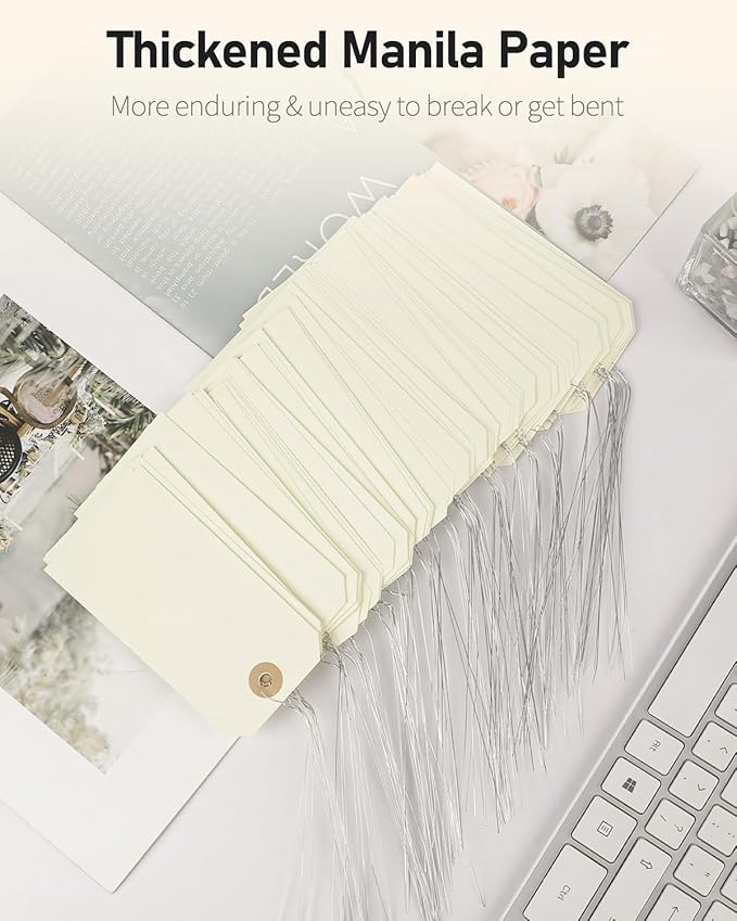 Uniclife 200 Pcs Manila Tags Blank Shipping Tags with Wire Attached 4.7 Inch Paper Hang Tag with Reinforced Eyelet Large Marking Writable Price Inventory Label Tag, 4.7" x 2 3/8"
