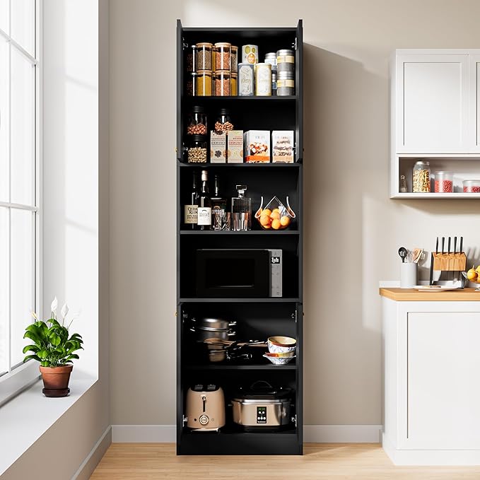 Cozy Castle Kitchen Pantry Cabinet, 75" Tall Wood Storage Cabinet with Doors and Shelves, 4 Doors Open Countertop Utility Hutch Cupboard for Dining Room Living Room Bathroom Furniture, Black