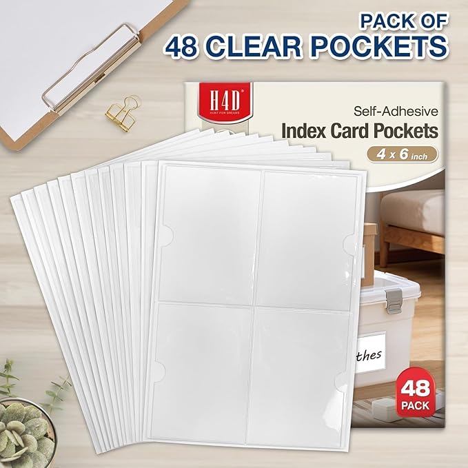 H4D 48 Pack Labels for Storage Bins, 4" x 6" Plastic Clear Adhesive Index Card Holders, Tote Label Pockets for Organizing Storage, Library Card, Shelves