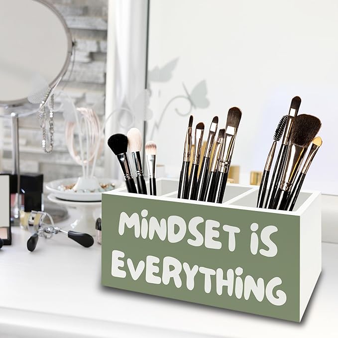 XPH Green Inspirational Pen Pencil Holder Organizer for Desk, Inspirational Gifts for Women, Mindset Is Everything Motivational Wooden Box Sign for Home Office Desk Tabletop Decorations