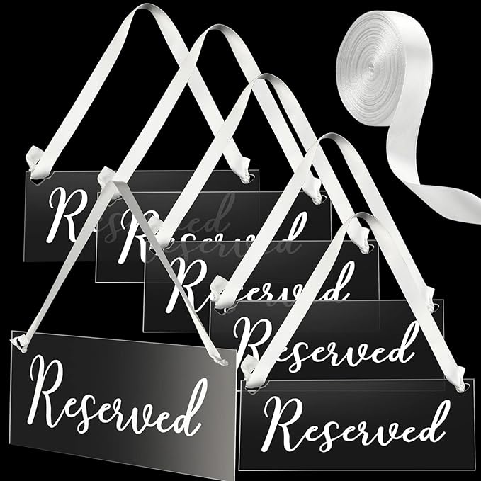Yookeer 6 Pieces Reserved Signs for Wedding Chairs with a Roll of Ribbon Acrylic Reserved Table Signs for Wedding Important Events Church Pews Chair and Restaurant(White)