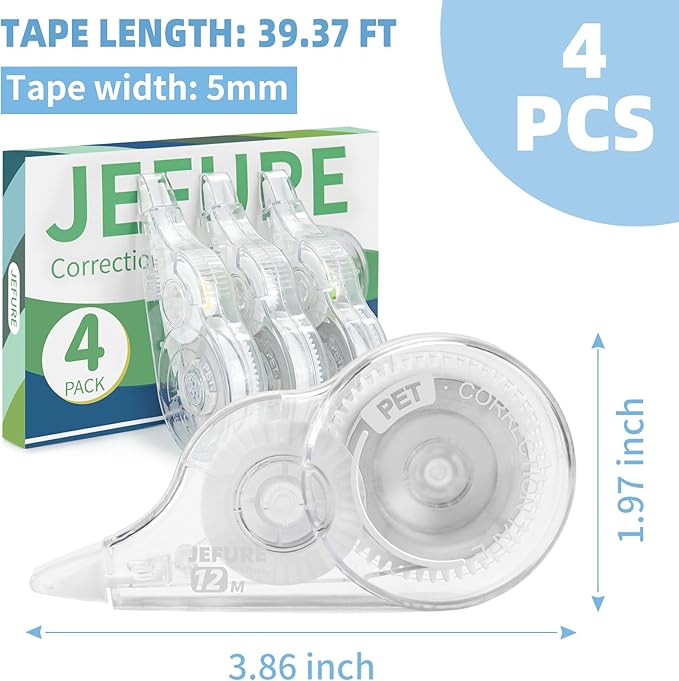 JEFURE 4 Pcs Correction Tape, 39.4 Ft White Wrong Out Tear-Resistant Bulk, Instant Corrections Easy To Use Applicator for School, Office, Note Taking, Journal (Tape Width 0.2 in, Clear)