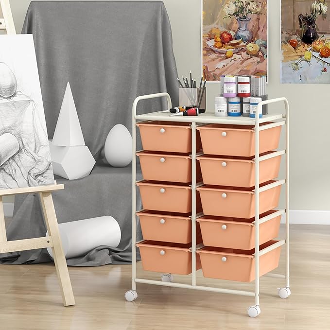GLACER 10 Drawer Rolling Cart, Storage Cart with Lockable Whieels & Metal Frame, Trolley for Art Craft Oganizer, Mobile Utility Cart for Office, School, Classroom, Kitchen (Peach Fuzz)