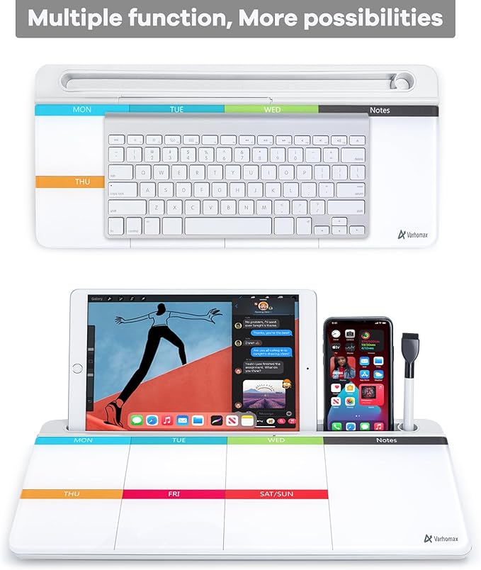 Varhomax Glass Weekly Dry Erase Desk White Board, Desktop to Do List Planner Whiteboard Calendar with Storage Caddy Memo for Home and Office, Colorful