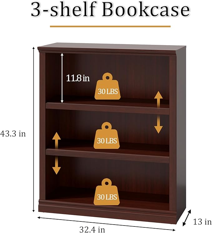 blini 3-Shelf Bookcase Wooden Bookshelves 33in Wide Floor Standing Display Storage Shelves Mahogany Bookcase for Home Office, Living Room, Bed Room