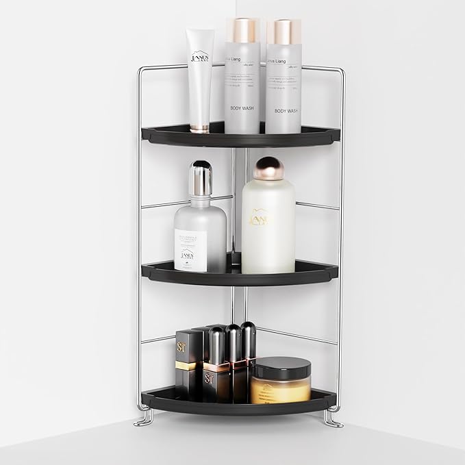 JANUS LiANG 3-Tier Corner Bathroom Organizer Countertop for Storage，Counter Tray and Vanity Organizer，Plastic Counter Organizer for Kithchen, Bathroom, Dresser 10.6 inches (Chrome + Black)