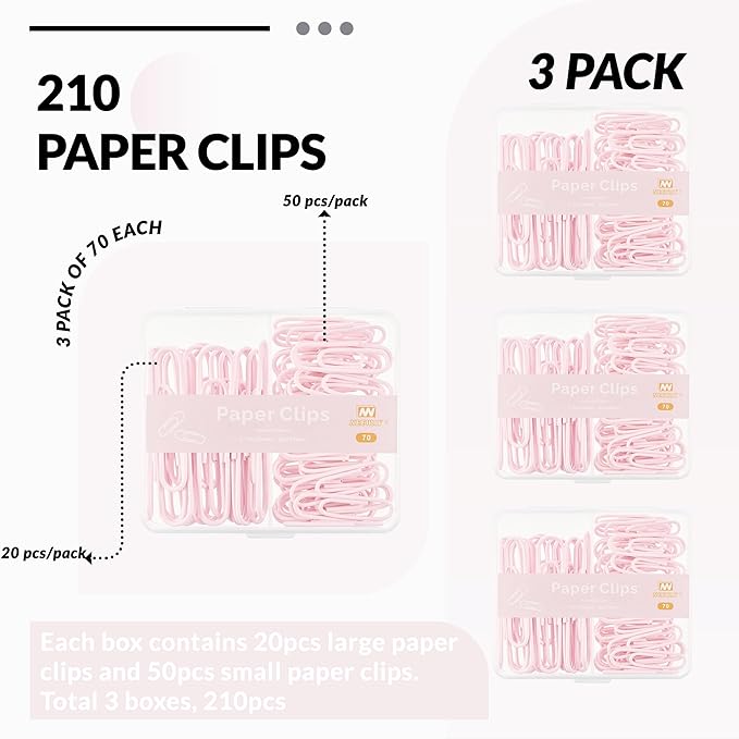 NEEWAY Colorful Paper Clips Assorted Sizes, Small and Large Paperclips, 210 Count, 3 Pack of 70 (Light Pink)