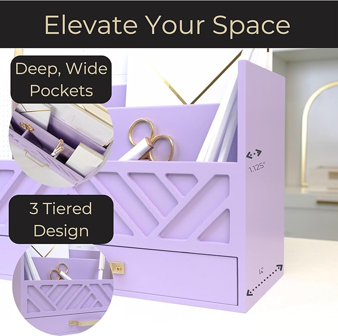 BLU MONACO Purple Mail Organizer Countertop | Wooden Desk Storage with Drawer | Mail Sorter & Bill Holder for Desk | Farmhouse Desktop Organizer with Basket for Home, Office & Kitchen