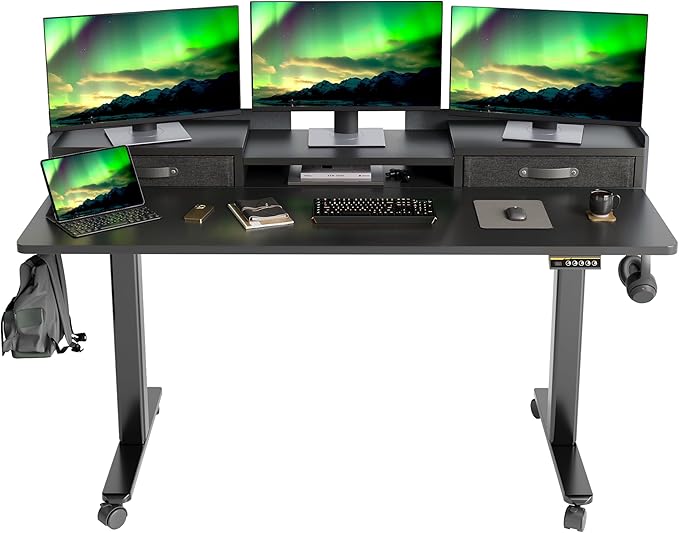 Claiks Standing Desk with Drawers, Adjustable Stand Up Electric Standing Desk Adjustable Height with Storage Shelf and Splice Board, 59 Inch, Black