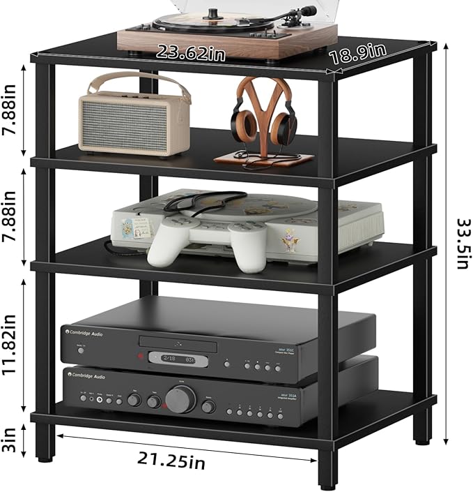 LELELINKY 4-Tier AV Media Player Stand Set of 2, Black Stereo Cabinet, Wooden TV Stand,Game Console Shelf, Multifunctional Entertainment Center, Suitable for Home, Conference Room, Game Studio