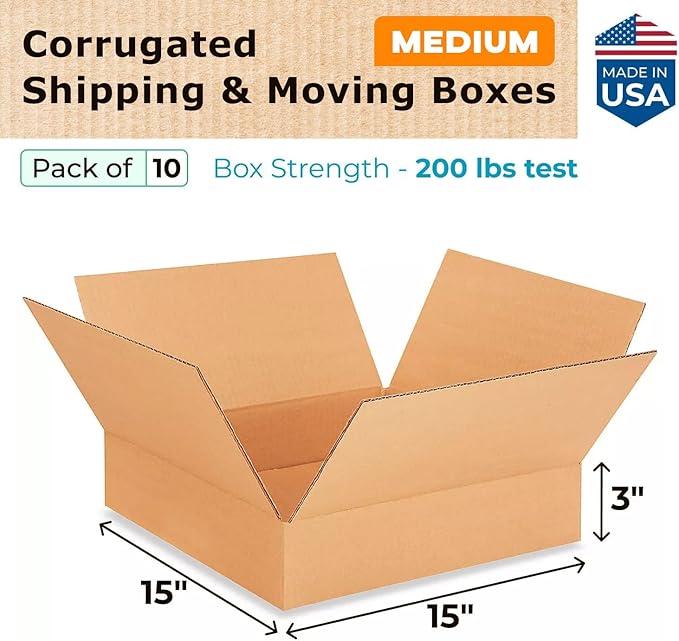 Medium Moving & Shipping Boxes 15x15x3 inches (10-Pack) - Extra Strength 200 lb vs Regular - Corrugated Durable Shipping Boxes - Box Shipping Box - Corrugated Packaging Box by IDL Packaging