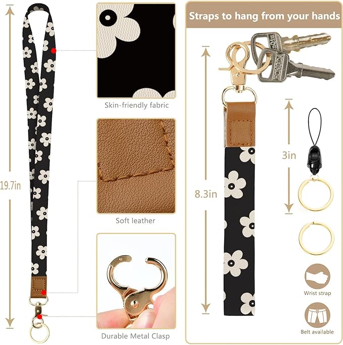 bolimoss Cute Floral Lanyard Wallet and ID Badge Holder with Zipper Pocket Breakaway Phone Wrist Lanyard, RFID Pu Leather Credit Card Holder