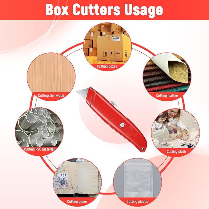 20 Pcs Retractable Utility Knife, Box Cutter Aluminum Alloy Carpet Knife Heavy Duty Utility Knives Sharp Razor Blade for Cardboard Box Cartons Opener DIY Home Office (Red)