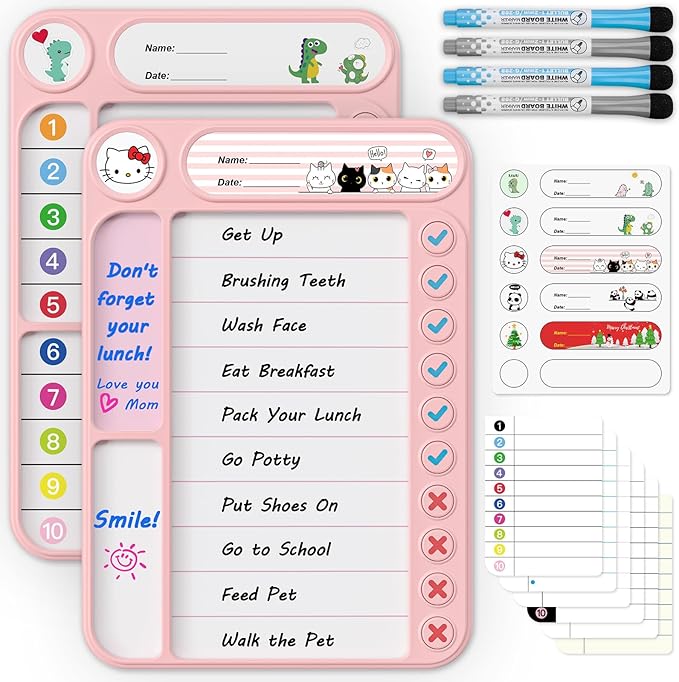 2-Pack Magnetic Chore Chart for Kids, ADHD Task Tracker Easy-Check Routine Dry Erase Board, to-Do List Planning Tool with Stand for Fridge/Desk/Home/School, 6 Reusable Sheets, 4 Markers Pink
