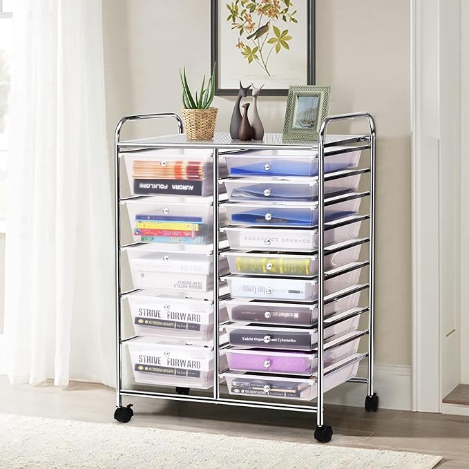 LDAILY 15 Drawer Rolling Storage Cart, Rolling Cart with Drawers for Classroom, Art Supply Craft Organizer on Wheel with Metal Frame & Handles for Home Office School