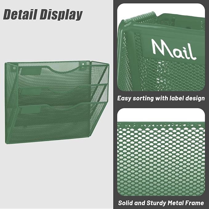 EASEPRES 3 Pocket Mesh Hanging Wall File Organizer, Wall Mounted Mail Paper Document Folder Holder, Clipboard Storage Organization Magazine Rack with Nametag Label for Office Home School, Dark Green