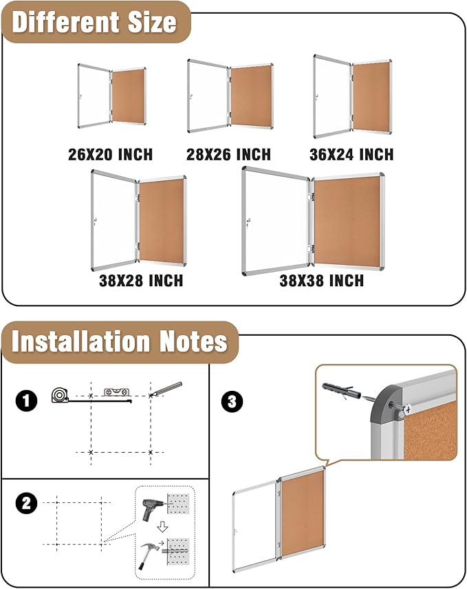 Mifuro 26"x20" Enclosed Bulletin Board, Lockable Weather-Resistant Aluminum Cork Noticeboard for School & Office, Silver Frame w/Cork
