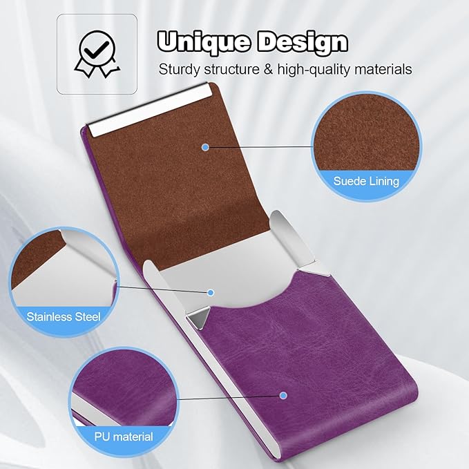 Business Card Holder for Women or Men, Business Card Case with PU Leather and Stainless Steel, Slim Metal Case with Magnetic Closure for Business Meeting Use