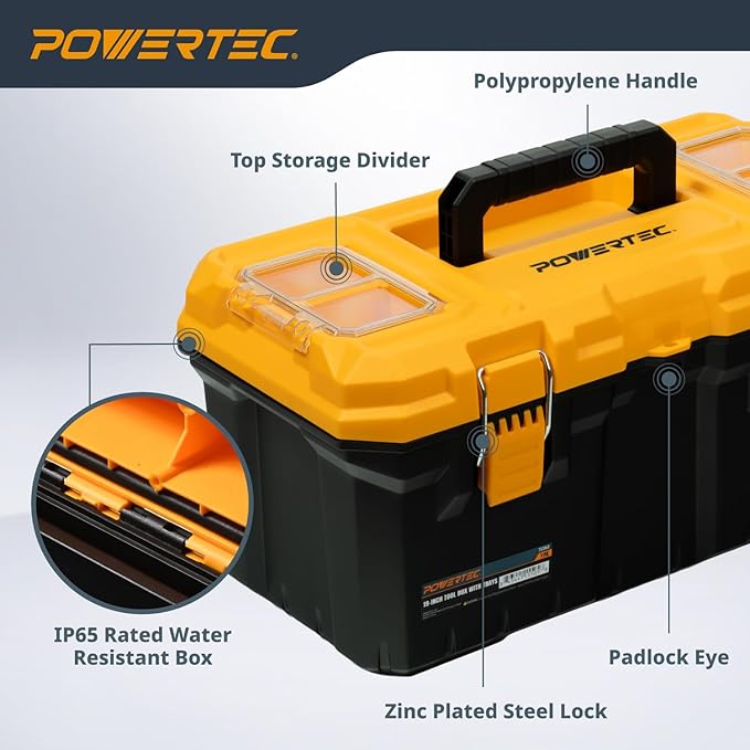 POWERTEC 19-Inch Tool Box with Trays - Lockable, Metal Latch, Organizer, Portable Storage for Tools, Small or Mid-Sized Parts (72362)