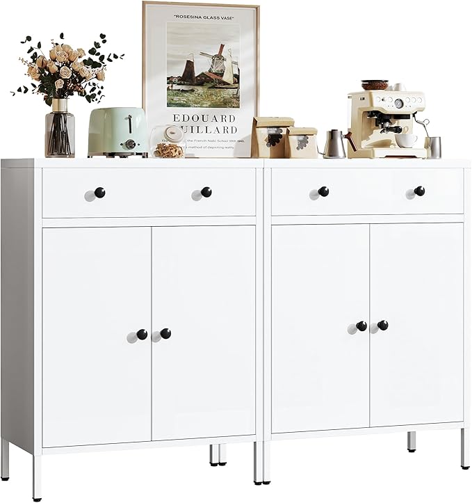 TaskStorz Metal Storage Cabinet with Drawer and Adjustable Shelf, 2-Piece Set White Steel Sideboard Buffet Cabinet, Coffee Bar Cabinet for Kitchen, Dining Room, Entryway