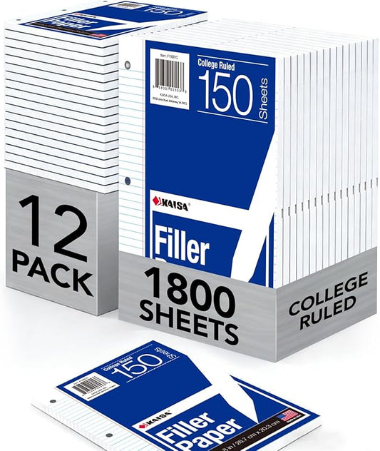 Kaisa Filler Paper Notebook Paper College Ruled 8"x10.5" Loose Leaf Paper for 3-Ring Binders 150 Sheet/pack,12pack (Total 1800 Sheets)