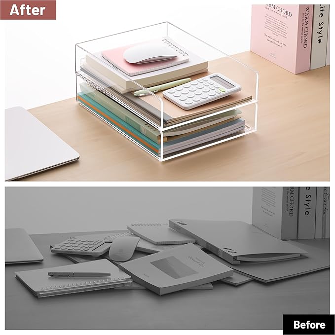 HeZone Paper Organizer Letter Tray, Clear Acrylic Paper Tray, School Teacher Office Supplies Organization, Stackable Desk File Organizer, Classroom Decor and Accessories-2 Pack…