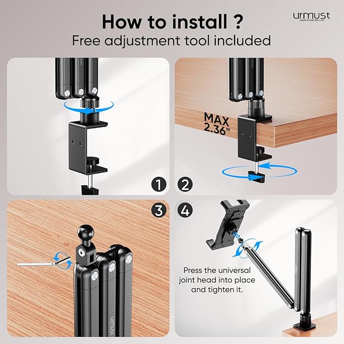 Urmust Portable Monitor Stand 15.6", iPad Stand for Desk, Portable Monitor Holder up to 18.5" Holds, Adjustable Desktop Tablet Arm Mount, Apple iPad Holder for Desk, for 4.7"-12.9" i Pad Pro/Air/Mini