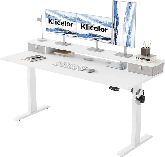 Klicelor 63 Inch Electric Standing Desk with Drawers, Adjustable Height Small Sit Stand Desk for Home Office, Compact Computer Workstation with Storage– White