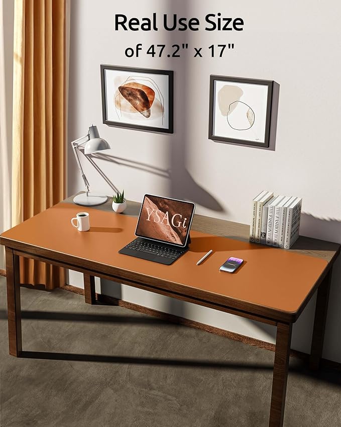 YSAGi Leather Desk Protector, Office Mat, Large Mouse Mat, Non-Slip PU Leather Blotter, Laptop Desk Pad, Waterproof Writing Pad for Office and Home (Brown, 47" x 17")