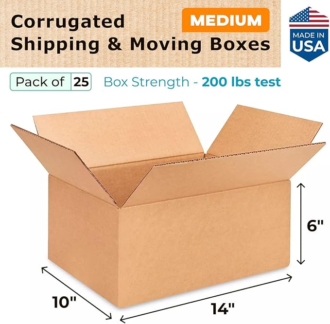 Medium Moving & Shipping Boxes 14"L x 10"W x 6"H (25-Pack) - Extra Strength 200 lb vs Regular - Corrugated Durable Cardboard Boxes - Heavy Duty Packing Box - Medium Packing Box by IDL Packaging