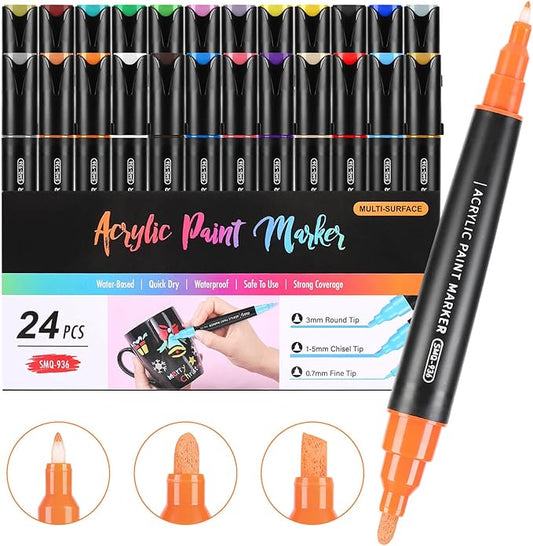 Coogert 24 Colors Three Tips Acrylic Paint Markers, Fine Medium Chisel Tip Acrylic Paint Pens for Rock Painting, Wood, Canvas, Ceramic, Fabric, Arts and Crafts for Adults