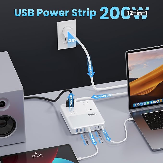 12-in-1 Charging Station USB C Power Strip with 5ft Cord,200W GaN IV USB C Charger Block,4 AC Outlets,8 USB for MacBook,iPhone 16/15/14,Fast Charging Desktop Charger for Office (A-White)