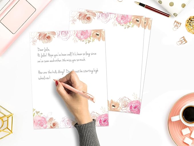 THiNKABLE Floral Stationery Paper, 50 Sheets, 8.5x11, Pink, Decorative, Writing Paper