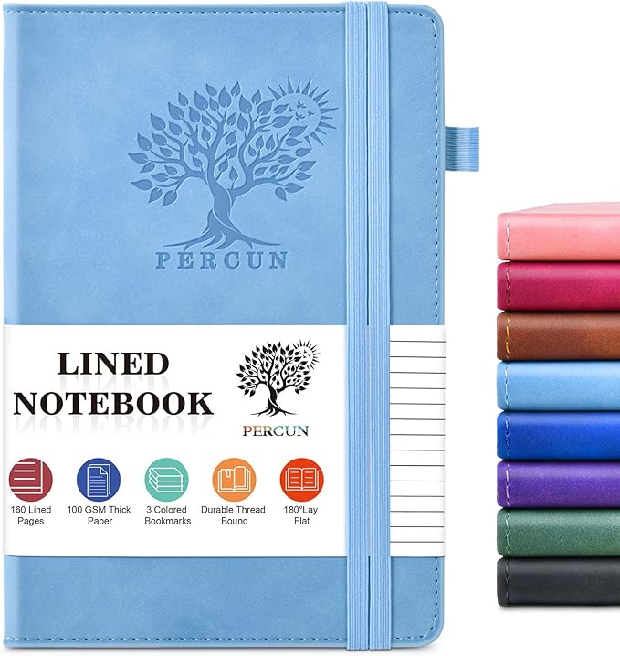 PERCUN Lined Journal Notebook for Men & Women, 160 Pages College Ruled Journal for Writing, A5 Hardcover Leather Notebooks for Work, School, Business, Travel, Daily Diary 5.9" x 8.5" (Blue)
