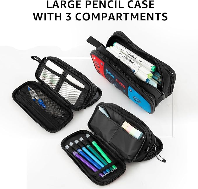 Easozoom Large Game Controller Pencil Case for Teen Boy Kid Capacity Pen Box Pouch Organizer Holder Bag with 3 Compartments & Zipper School College Office Supplies(1PCS Pencil Case)