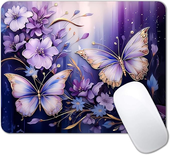 IMAYONDIA Small Mouse Pad Cute, Purple Gold Butterfly Mouse Pads, Modern Flowers Mousepad for Women Girls, Beutiful Mouse Mat Computer Laptop Office, 9.5 X 7.9 Inch